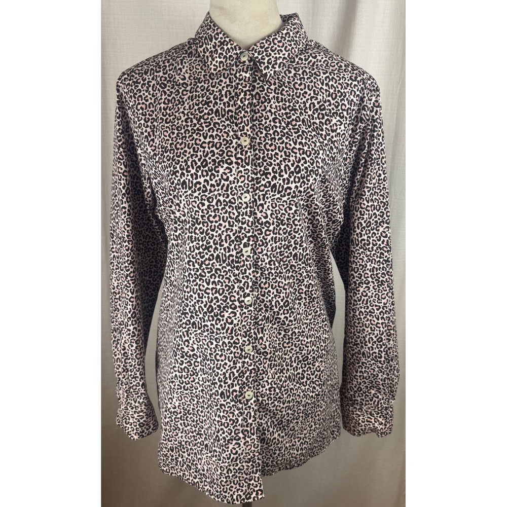 Foxcroft NYC Non-Iron Pink Leopard Print Cotton Button Down Shirt Blouse 197366